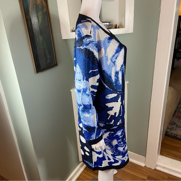 Chico's Sz 2 Sea Shell Abstract Satin Textured Cardigan Duster Midi Jacket 14/16 - Picture 7 of 10